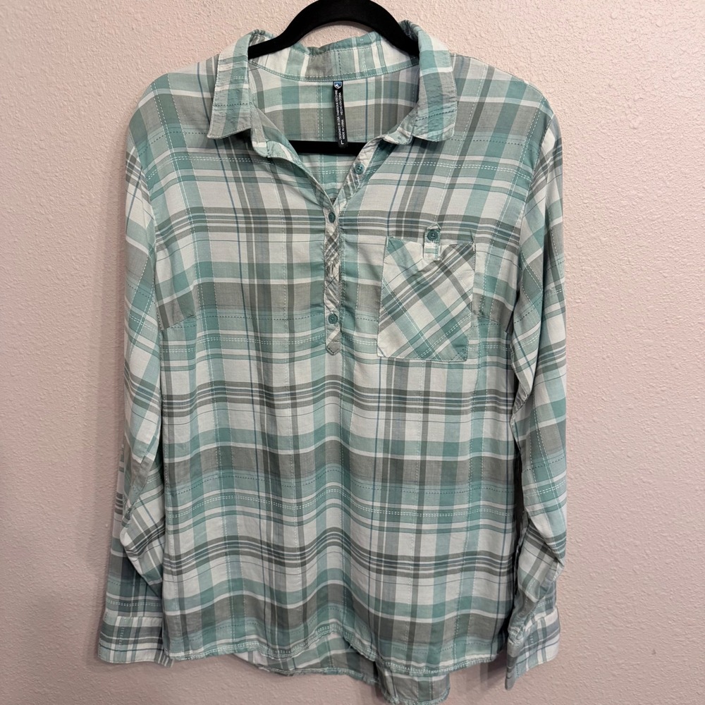 Kuhl Womens Sage Green Plaid Long Sleeve Popover Shirt Large RN 108846